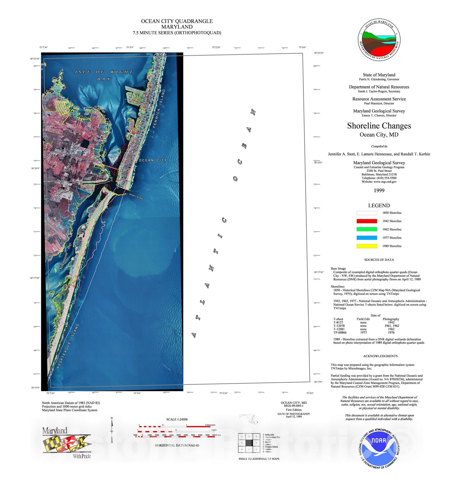 Map : Shoreline changes -- Ocean City quadrangle, MD, 1999 Cartography Wall Art :