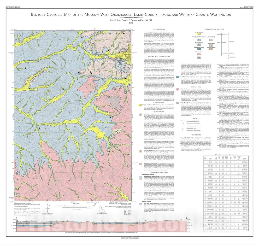 Map : Bedrock geologic Map of the Moscow West quadrangle, Latah County, Idaho, and Whitman County, Washington, 1998 Cartography Wall Art :