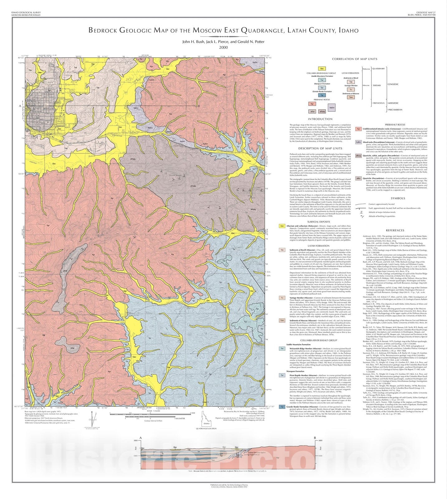 Map : Bedrock geologic map of the Moscow East quadrangle, Latah County, Idaho, 2000 Cartography Wall Art :