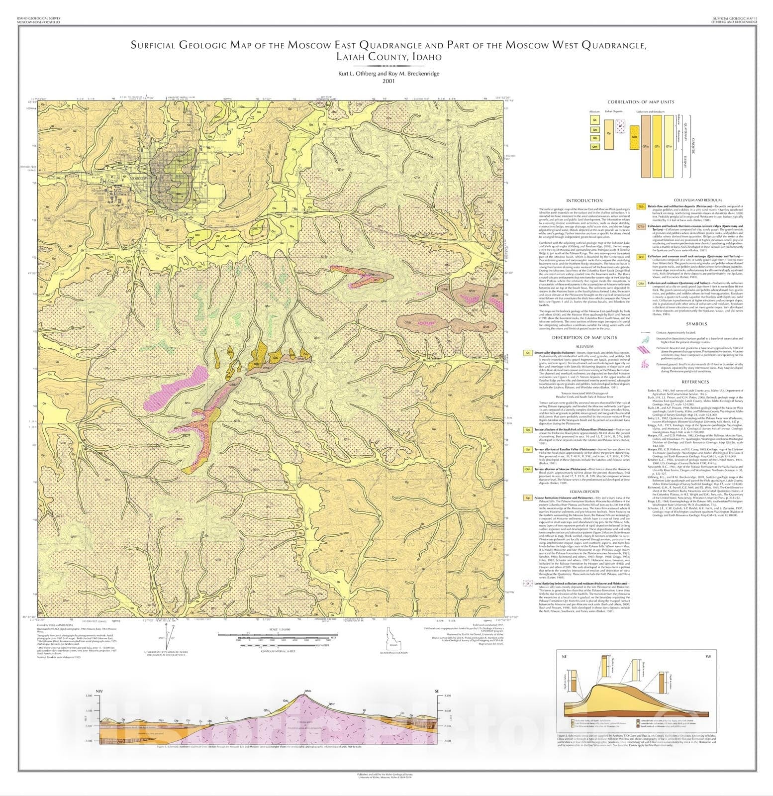 Map : Surficial Geologic Map of the Moscow East Quadrangle and Part of the Moscow West Quadrangle, Latah and Nez Perce Counties, Idaho, 2001 Cartography Wall Art :