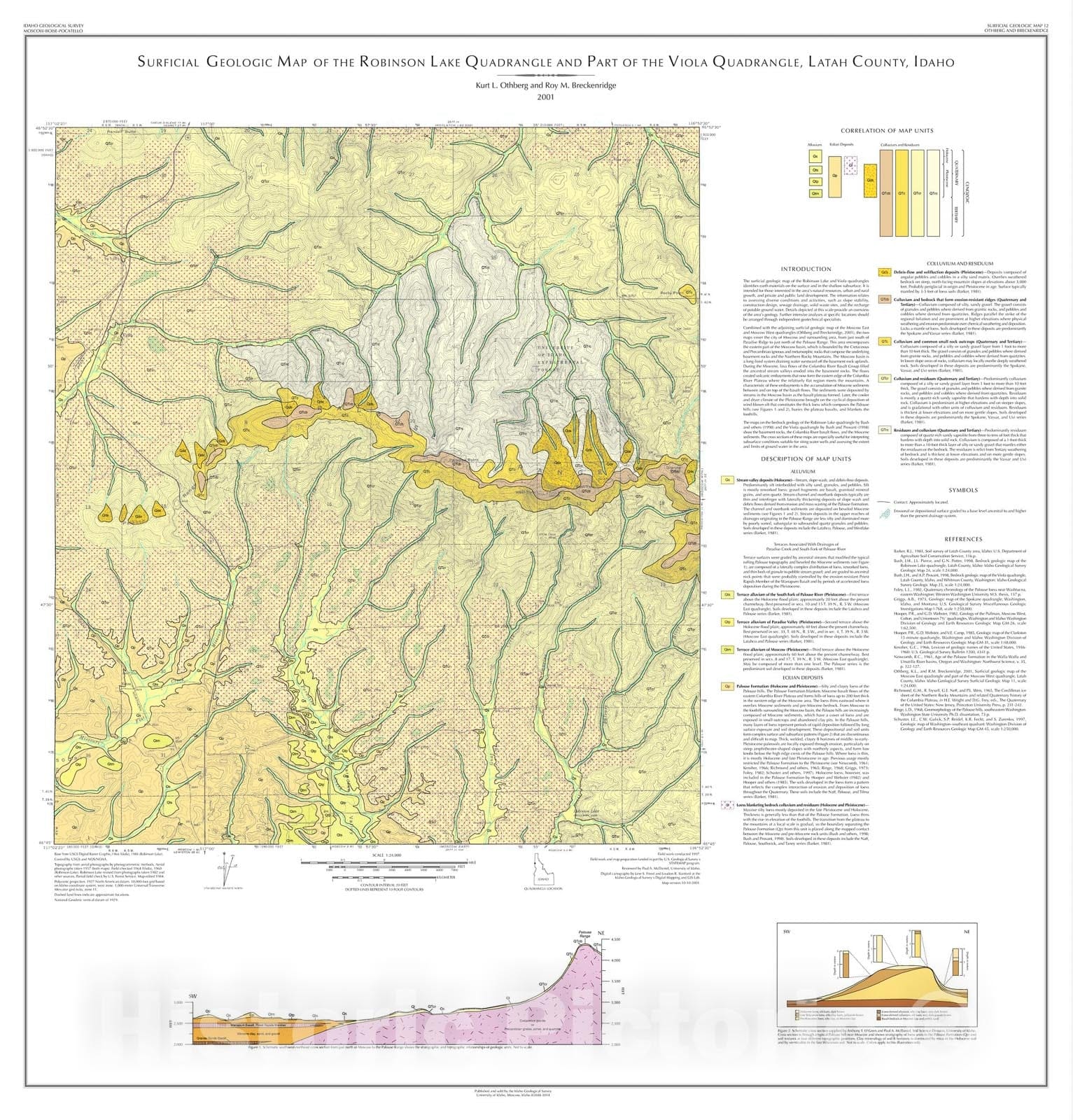 Map : Surficial Geologic Map of the Robinson Lake Quadrangle and Part of the Viola Quadrangle, Latah and Nez Perce Counties, Idaho, 2001 Cartography Wall Art :