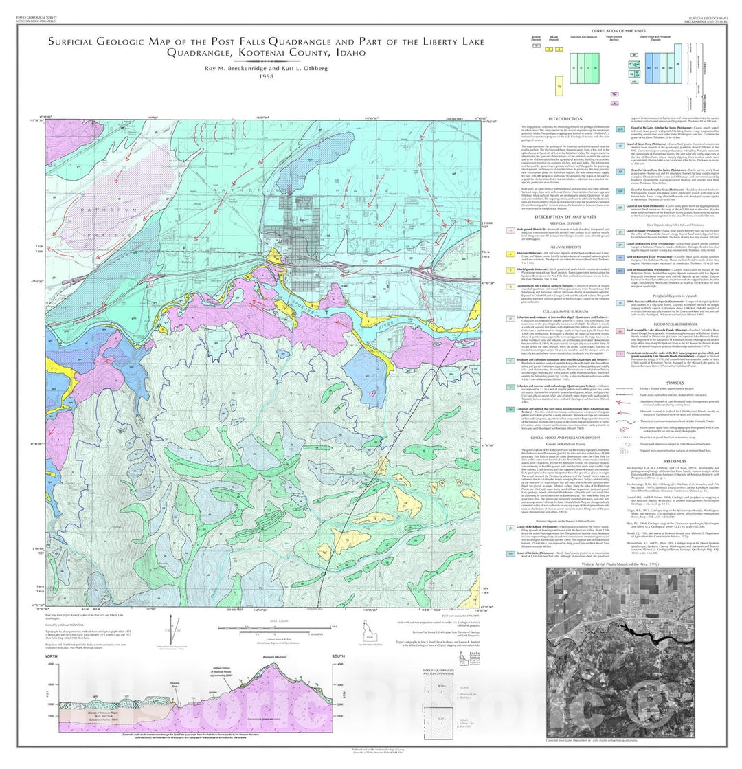 Map : Surficial geologic map of the Post Falls quadrangle and part of the Liberty Lake quadrangle, Kootenai County, Idaho, 1998 Cartography Wall Art :