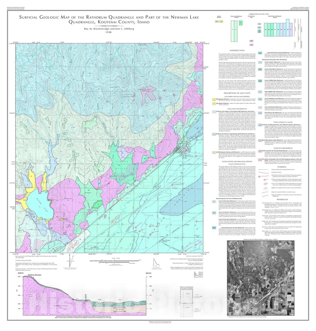 Map : Surficial geologic map of the Rathdrum quadrangle and part of the Newman Lake quadrangle, Kootenai County, Idaho, 1998 Cartography Wall Art :