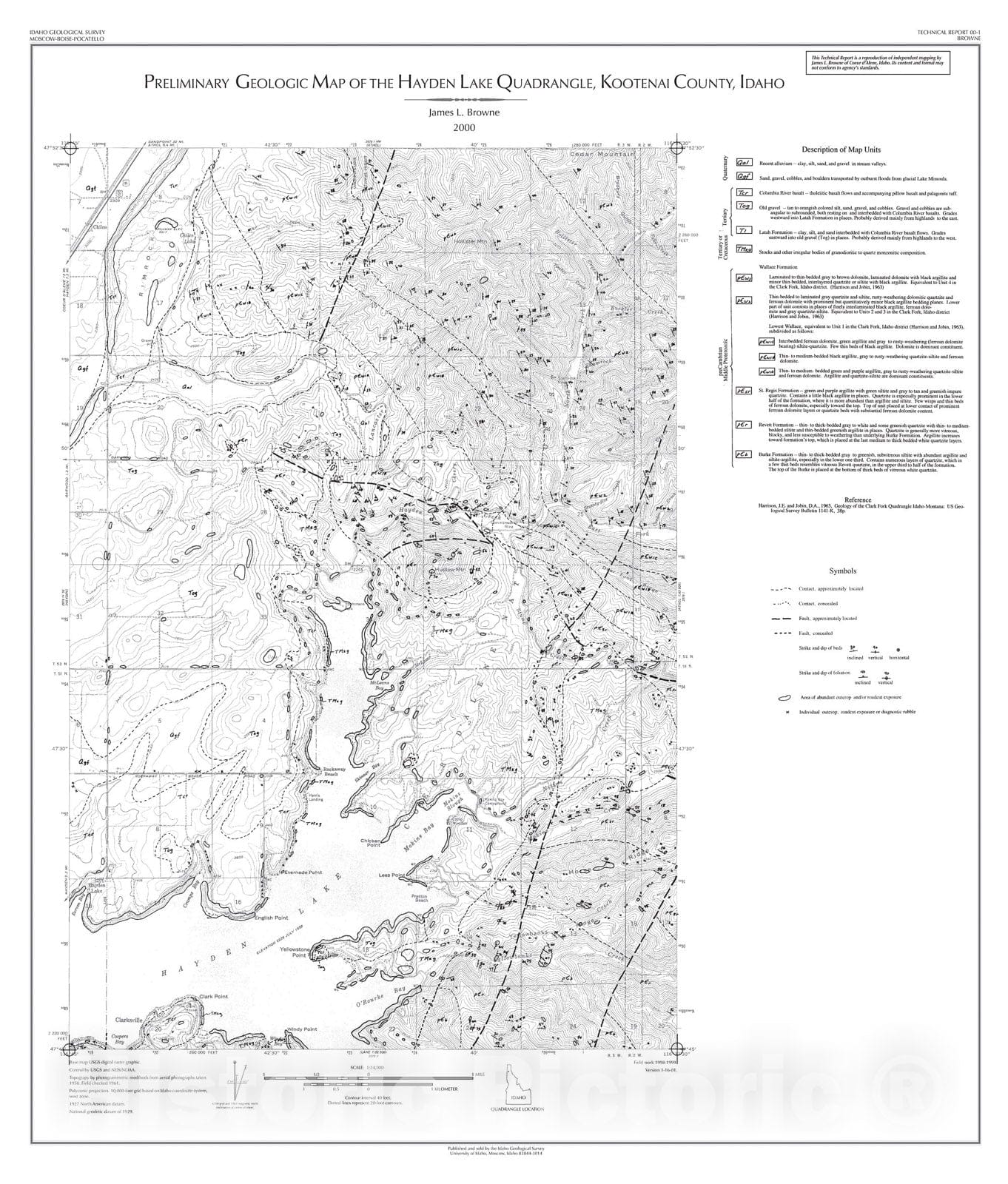 Map : Preliminary Geologic map of the Hayden Lake quadrangle, Kootenai County, Idaho, 2000 Cartography Wall Art :