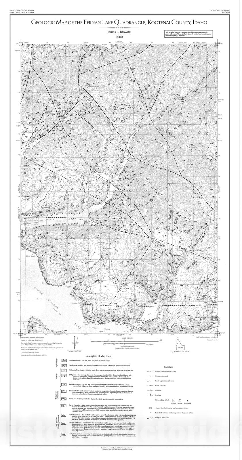 Map : Geologic map of the Fernan Lake quadrangle, Kootenai County, Idaho, 2000 Cartography Wall Art :