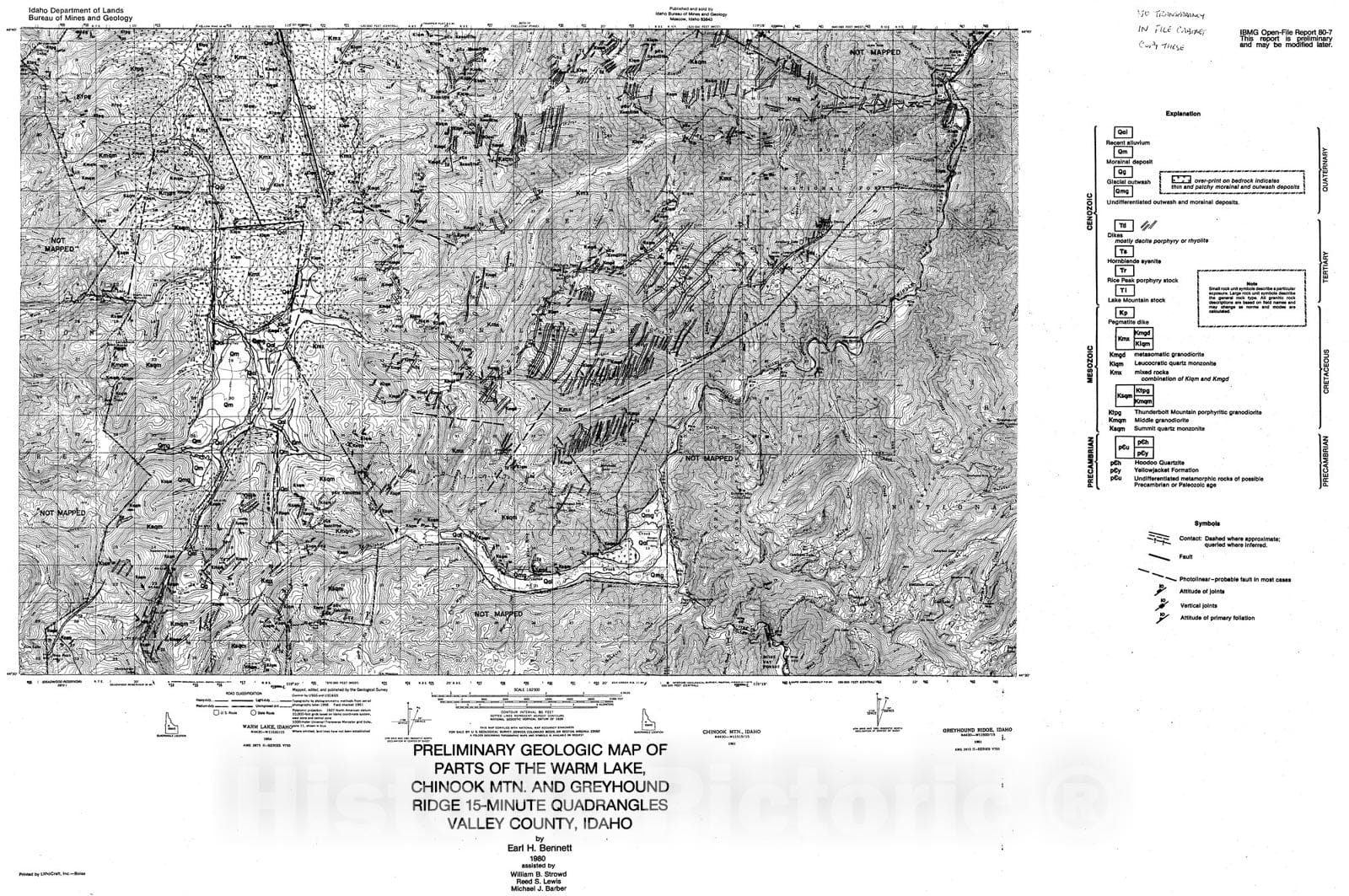 Map : Preliminary geologic map of parts of the Warm Lake, Chinook Mtn. and Greyhound Ridge 15-minute quadrangles, Valley County, Idaho, 1980 Cartography Wall Art :