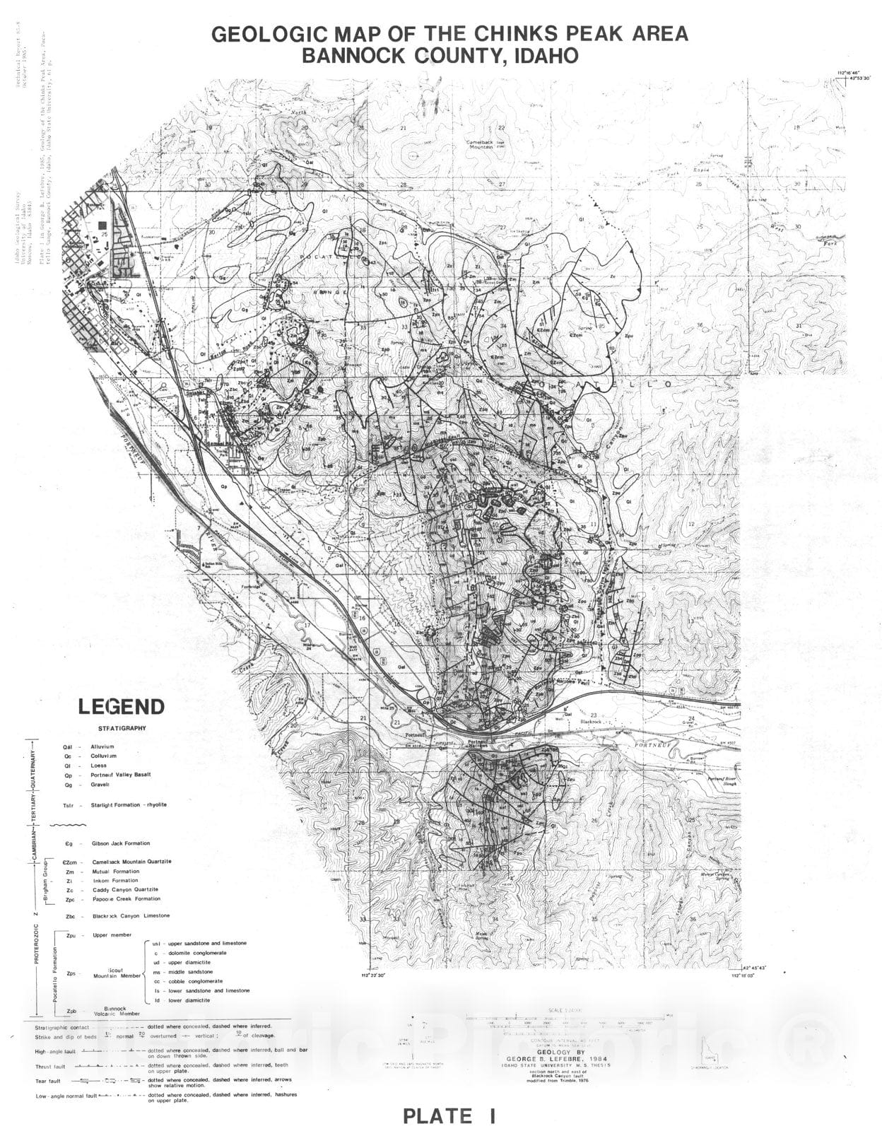 Map : Geologic maps and cross sections of the Chinks Peak and Trail Creek areas, Bannock County, Idaho, 1985 Cartography Wall Art :