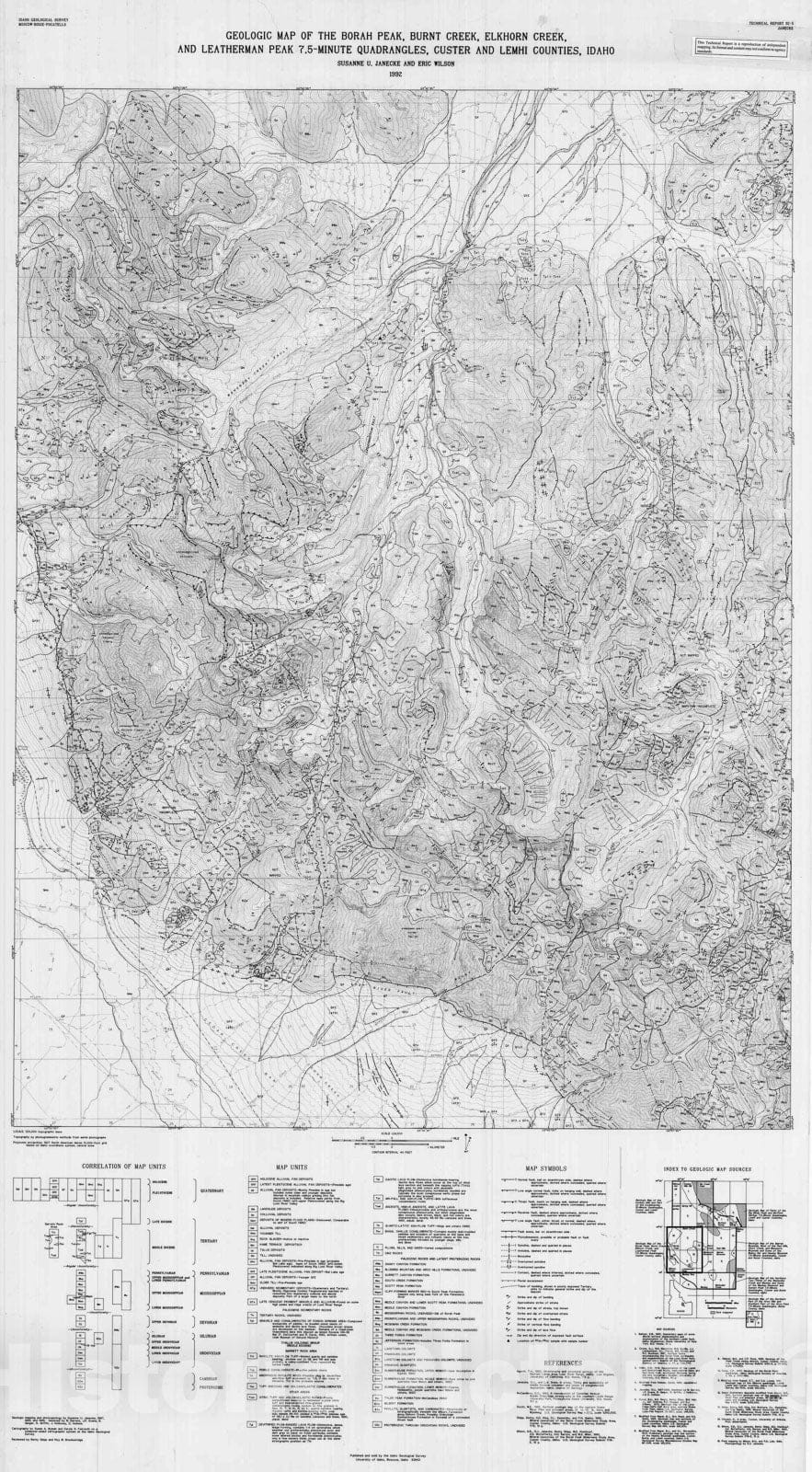 Map : Geologic map of the Borah Peak, Burnt Creek, Elkhorn Creek, and Leatherman Peak 7.5-minute quadrangles, Custer and Lemhi Counties, Idaho, 1992 Cartography Wall Art :