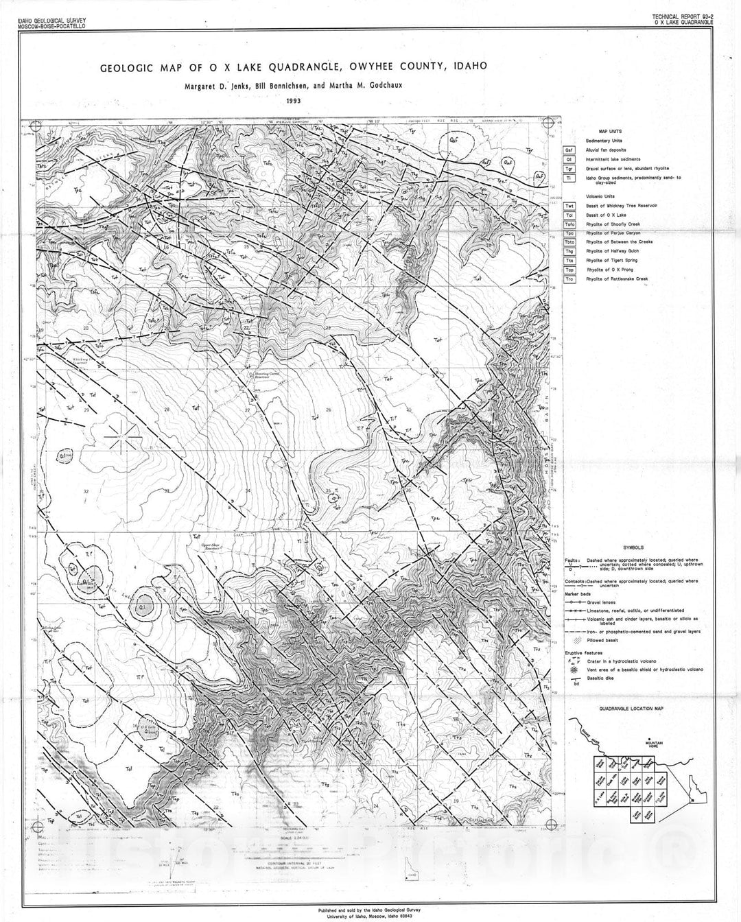 Map : Geologic map of O X Lake quadrangle, Owyhee County, Idaho, 1993 Cartography Wall Art :