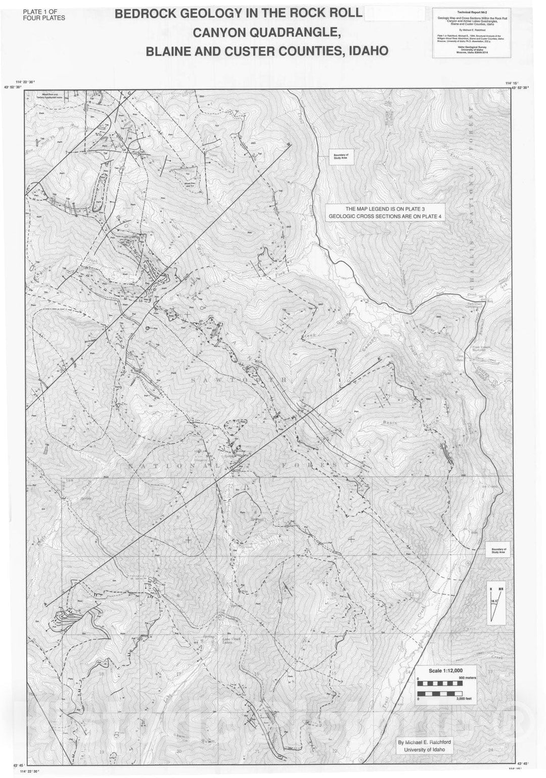 Map : Geologic map and cross sections within the Rock Roll Canyon and Amber Lakes quadrangles, Blaine and Custer Counties, Idaho, 1994 Cartography Wall Art :