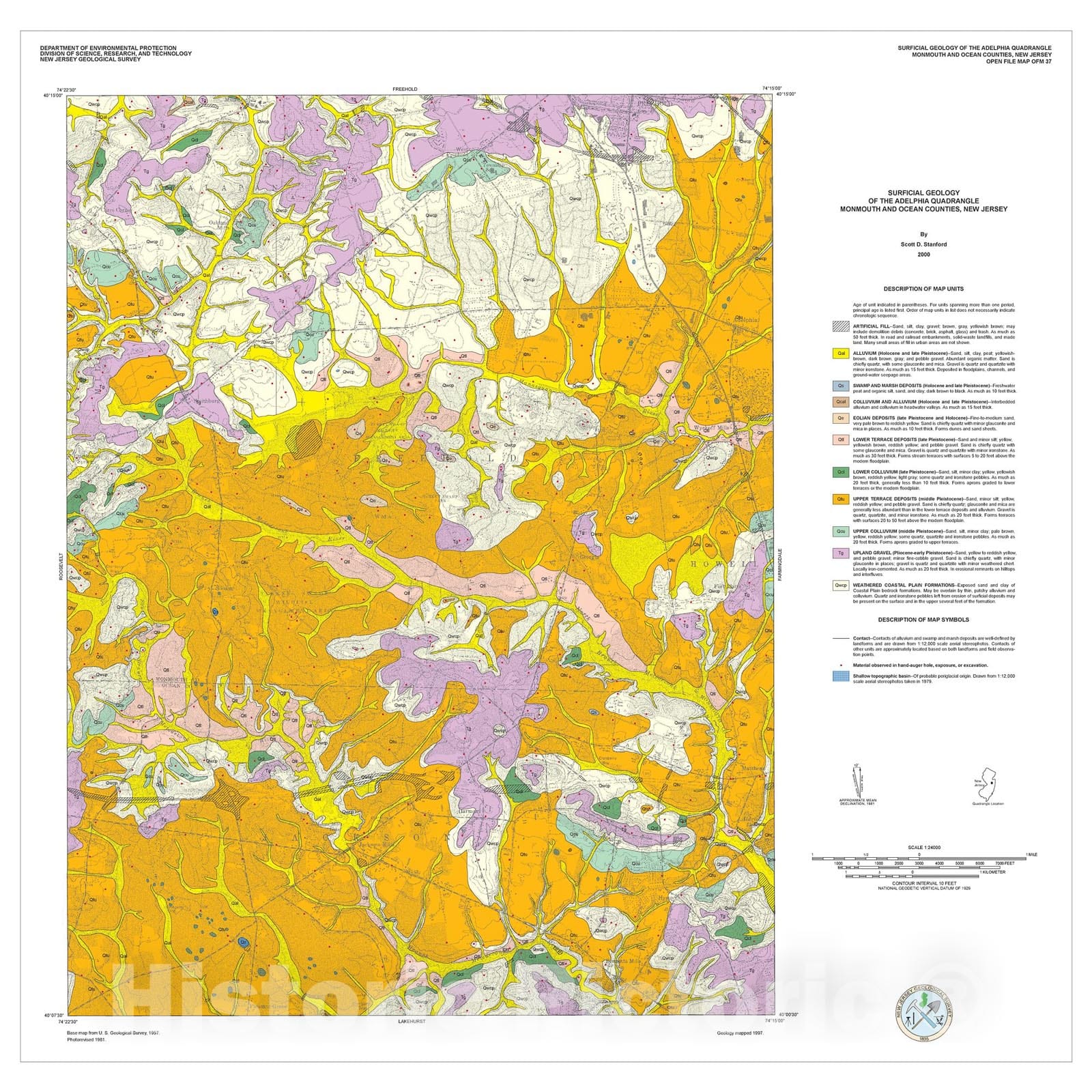 Map : Surficial Geology of the Adelphia Quadrangle, Monmouth and Ocean Counties, New Jersey, 2000 Cartography Wall Art :