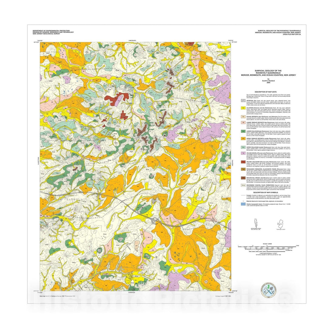 Map : Surficial Geology of the Roosevelt Quadrangle, Mercer, Monmouth and Ocean Counties , New Jersey, 2000 Cartography Wall Art :