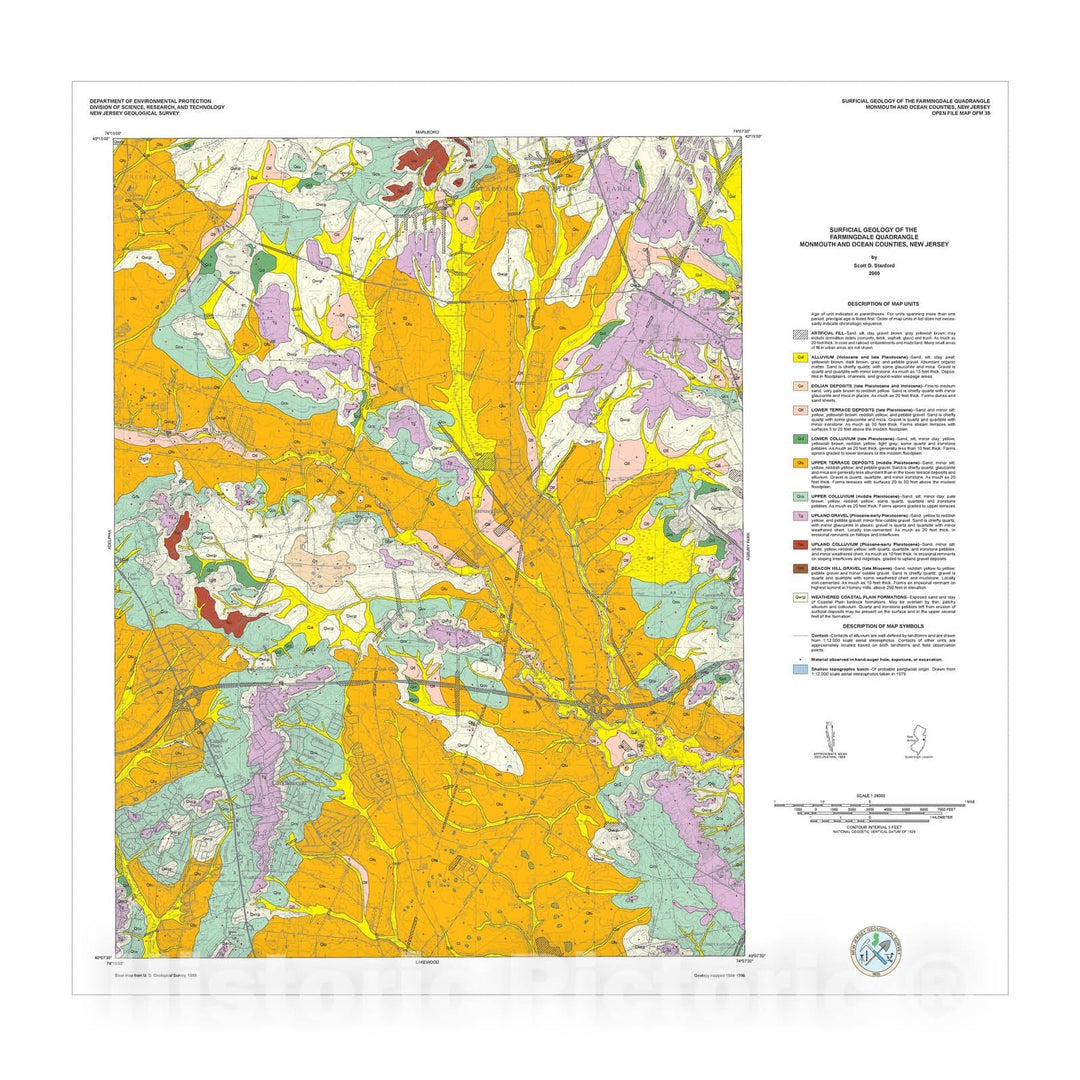 Map : Surficial Geology of the Farmingdale Quadrangle, Monmouth and Ocean Counties, New Jersey, 2000 Cartography Wall Art :