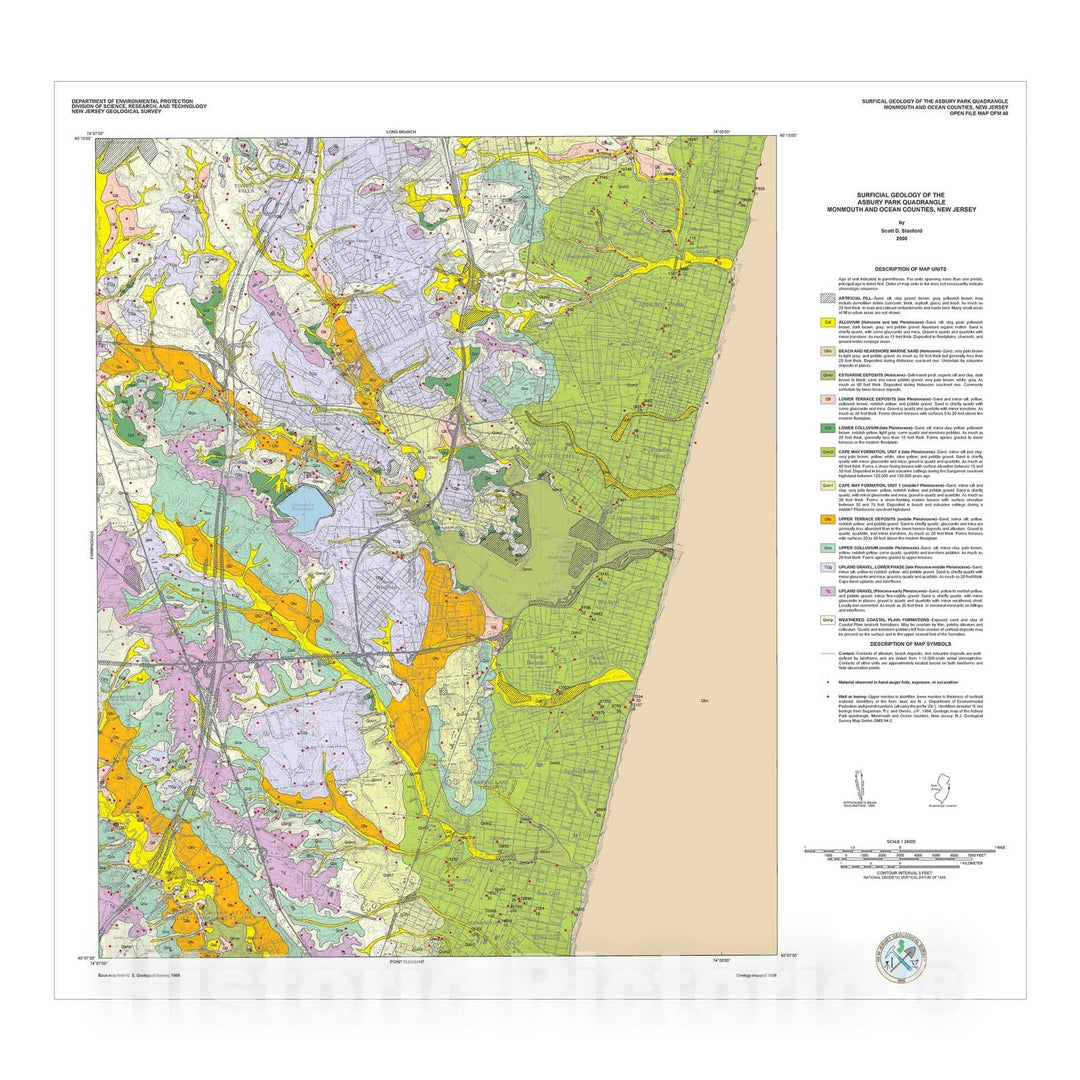 Map : Surficial Geology of the Asbury Park Quadrangle, Monmouth and Ocean Counties, New Jersey, 2000 Cartography Wall Art :