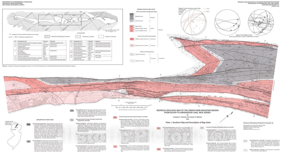 Map : Bedrock Geologic Map of the Green Pond Mountain Region from Dover to Greenwood Lake, New Jersey, 1991 Cartography Wall Art :