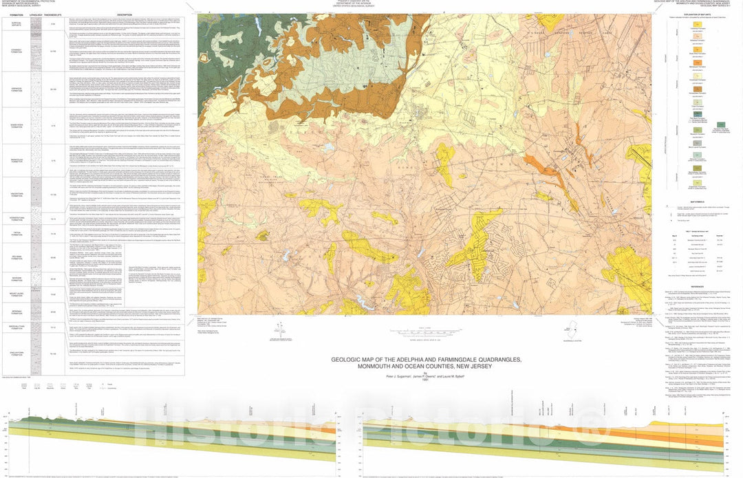 Map : Geologic Map of the Adelphia and Farmingdale Quadrangles, Monmouth and Ocean Counties, New Jersey, 1991 Cartography Wall Art :