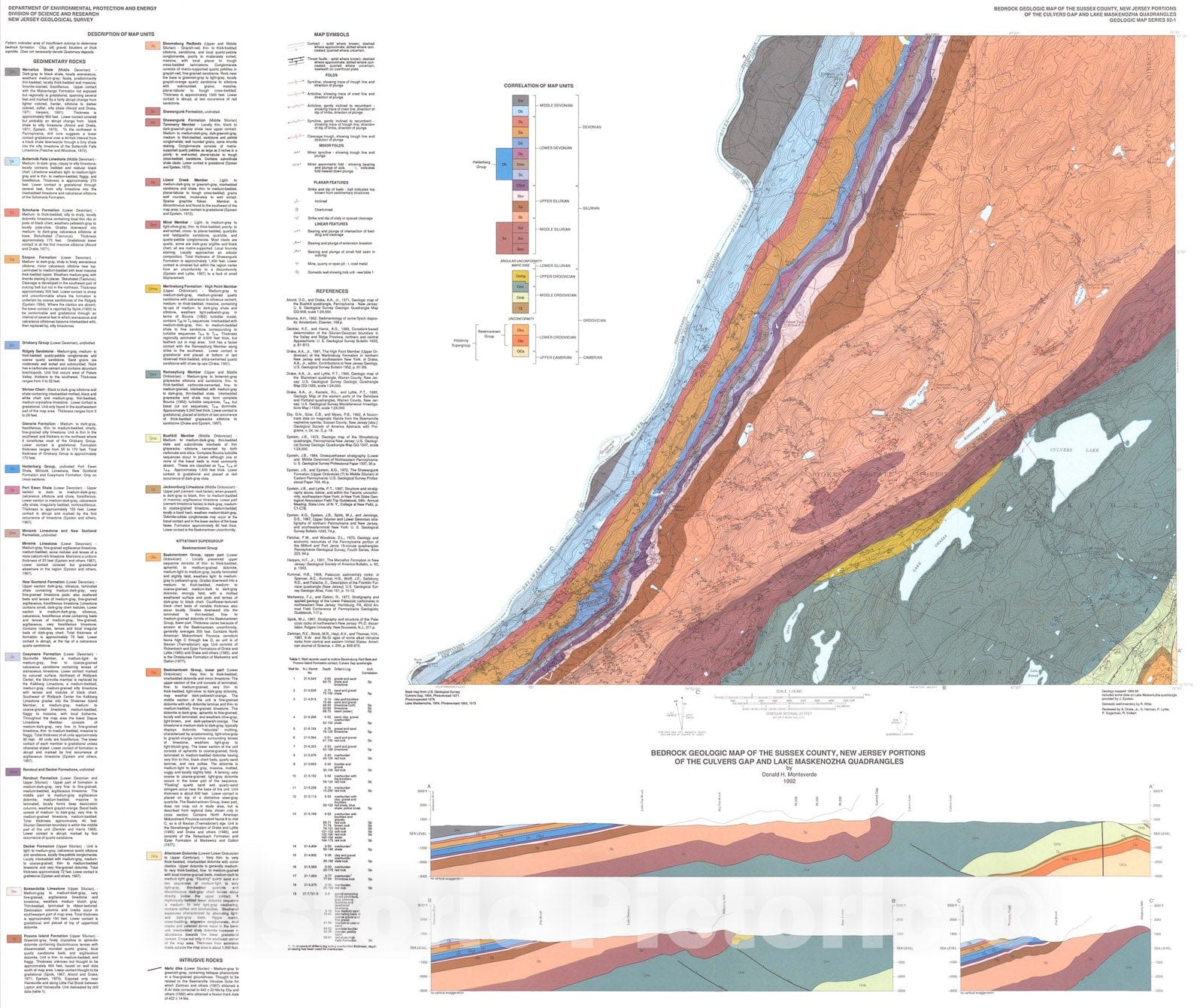 Map : Bedrock Geologic Map of the Sussex County, New Jersey Portions of the Culvers Gap and Lake Maskenozha Quadrangles, 1992 Cartography Wall Art :