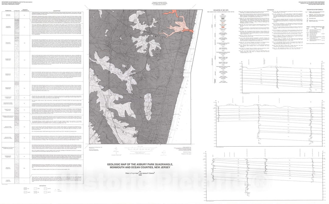 Map : Geologic Map of the Asbury Park Quadrangle, Monmouth and Ocean Counties, New Jersey, 1994 Cartography Wall Art :