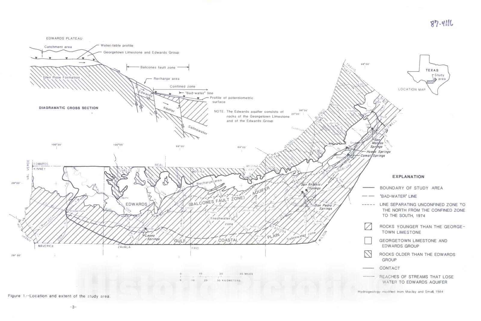 Map : Relation of water chemistry of the Edwards aquifer to hydrogeology and land use, San Antonio region, Texas, 1987 Cartography Wall Art :