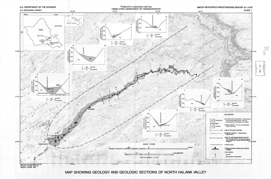 Map : Geology and stream infiltration of North Halawa Valley, Oahu, Hawaii, 1992 Cartography Wall Art :