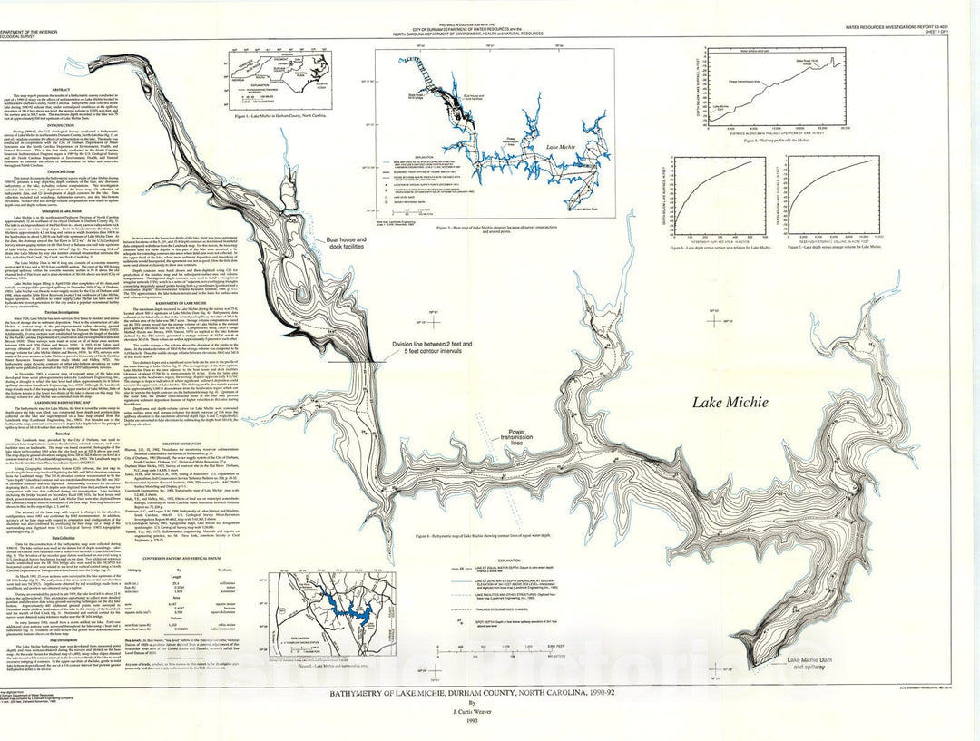 Map : Bathymetry of Lake Michie, Durham County, North Carolina, 1990-92, 1993 Cartography Wall Art :