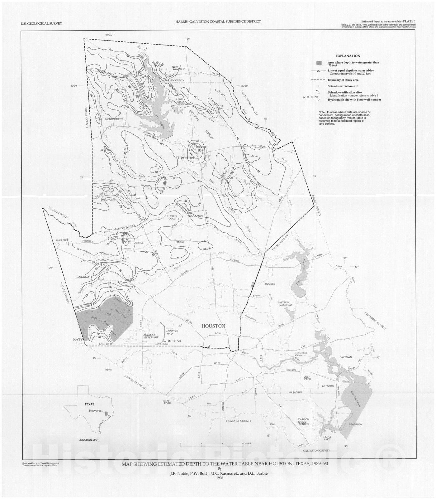 Map : Estimated depth to the water table and estimated rate of recharge in outcrops of the Chicot and Evangeline aquifers near Houston, Texas, 1996 Cartography Wall Art :