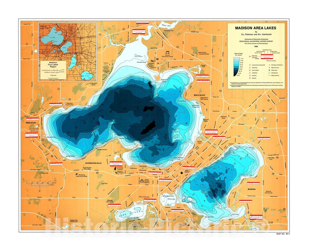 Map : Madison Area Lakes, 1984 Cartography Wall Art :