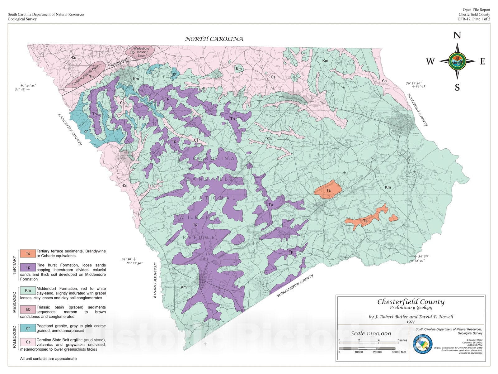 Map : Preliminary geologic map of Chesterfield County (Patrick, Cash, Angelus, Chesterfield, Lake Robinson, Mt. Croghan, Ruby, Morven We, 1977 Cartography Wall Art :