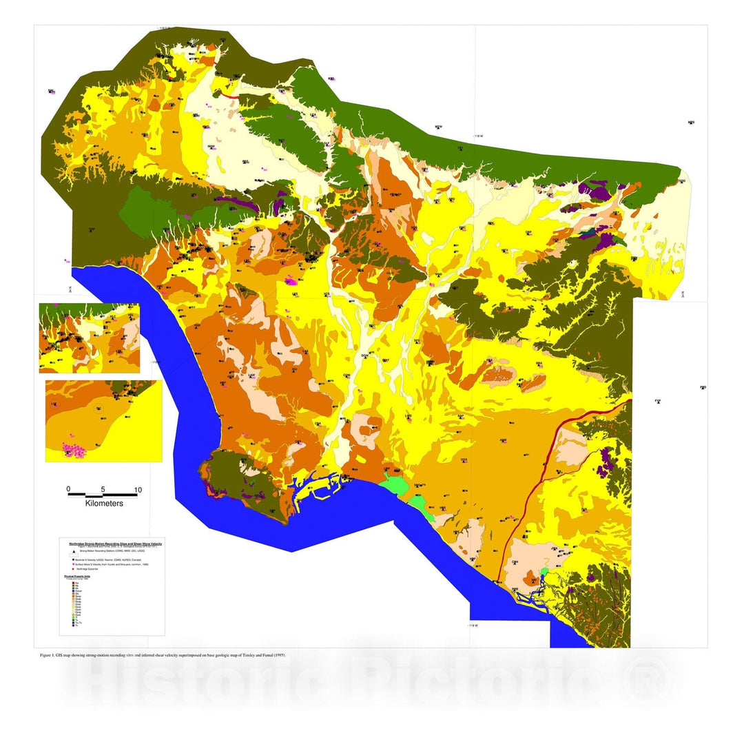 Map : Shear-wave velocity compilation for Northridge strong-motion recording sites [Los Angeles basin, California], 2002 Cartography Wall Art :