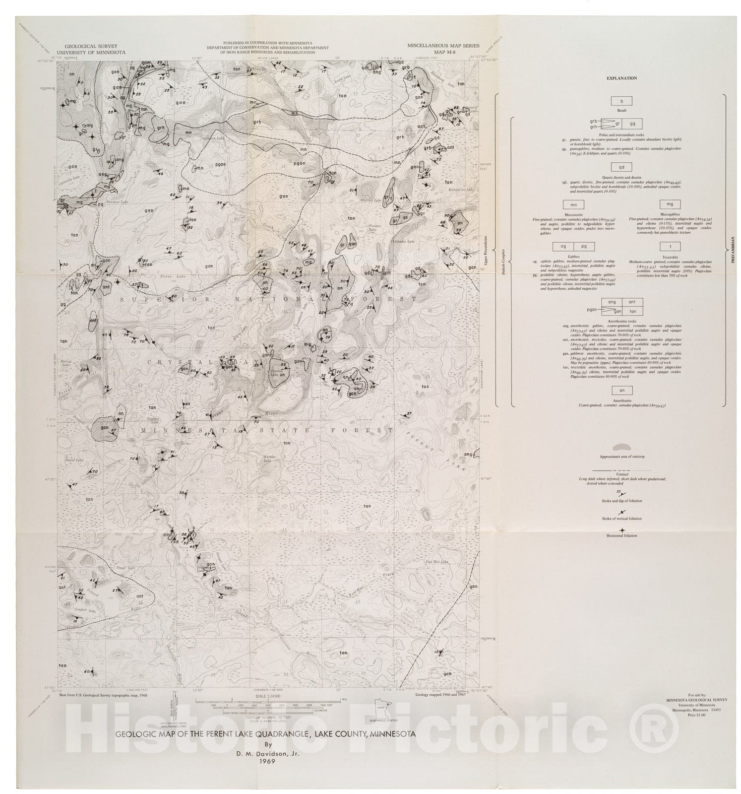 Map : Geologic map of the Perent Lake quadrangle, Lake County, Minnesota, 1969 Cartography Wall Art :