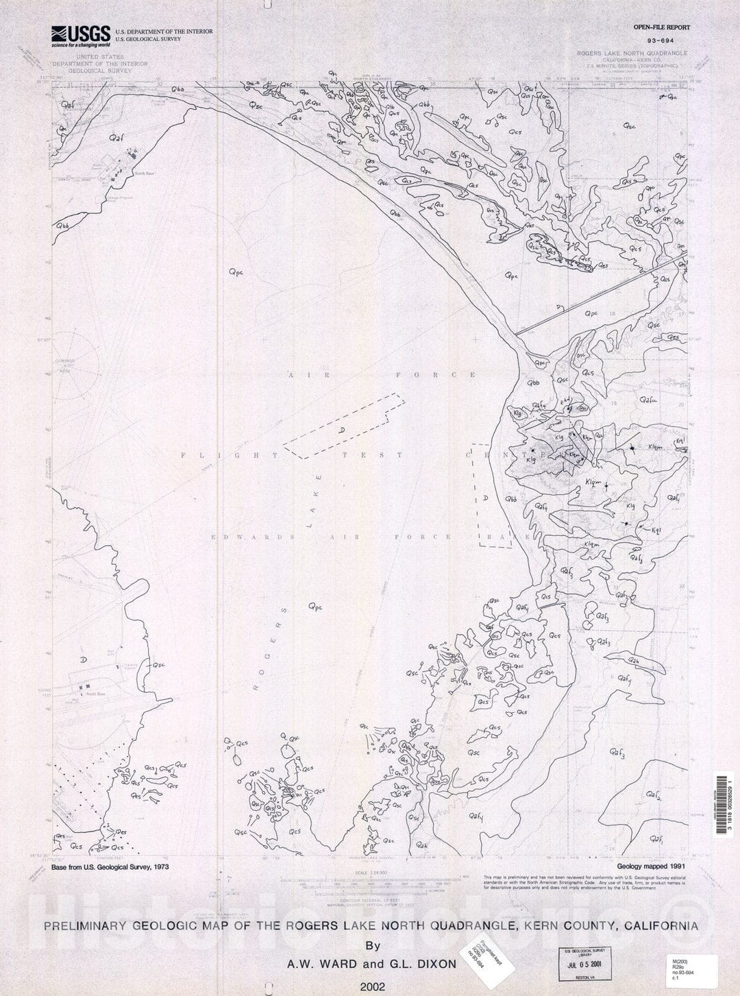 Map : Preliminary geologic map of the Rogers Lake North quadrangle, Kern County, California, 2002 Cartography Wall Art :