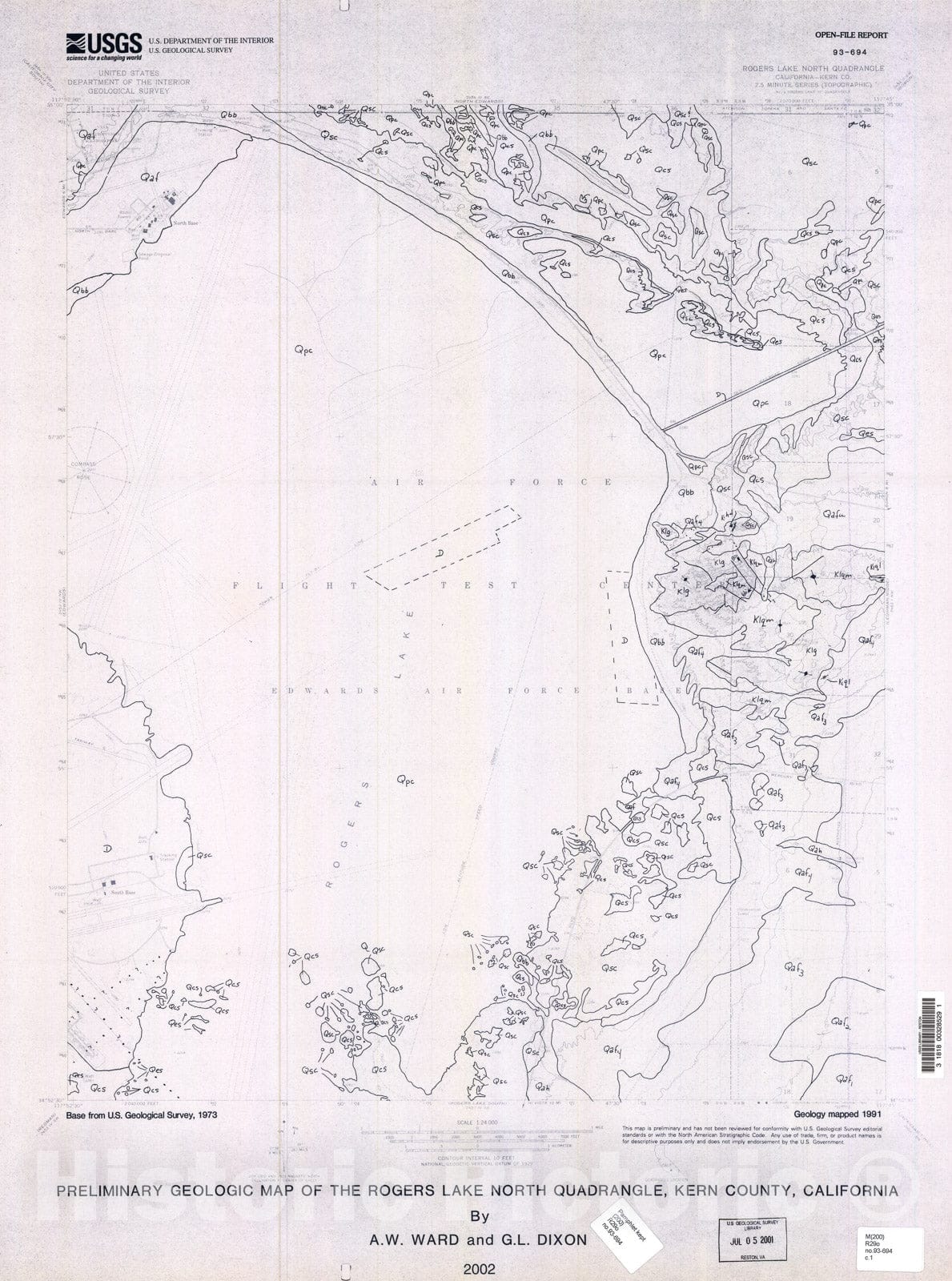 Map : Preliminary geologic map of the Rogers Lake North quadrangle, Kern County, California, 2002 Cartography Wall Art :