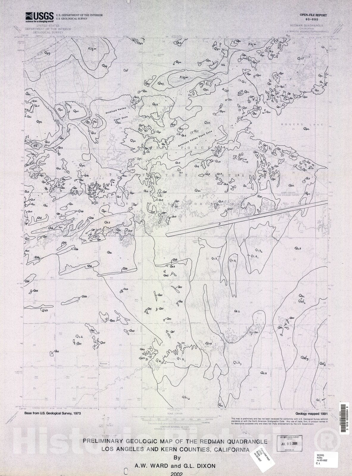 Map : Preliminary geologic map of the Redman quadrangle, Los Angeles and Kern Counties, California, 2002 Cartography Wall Art :