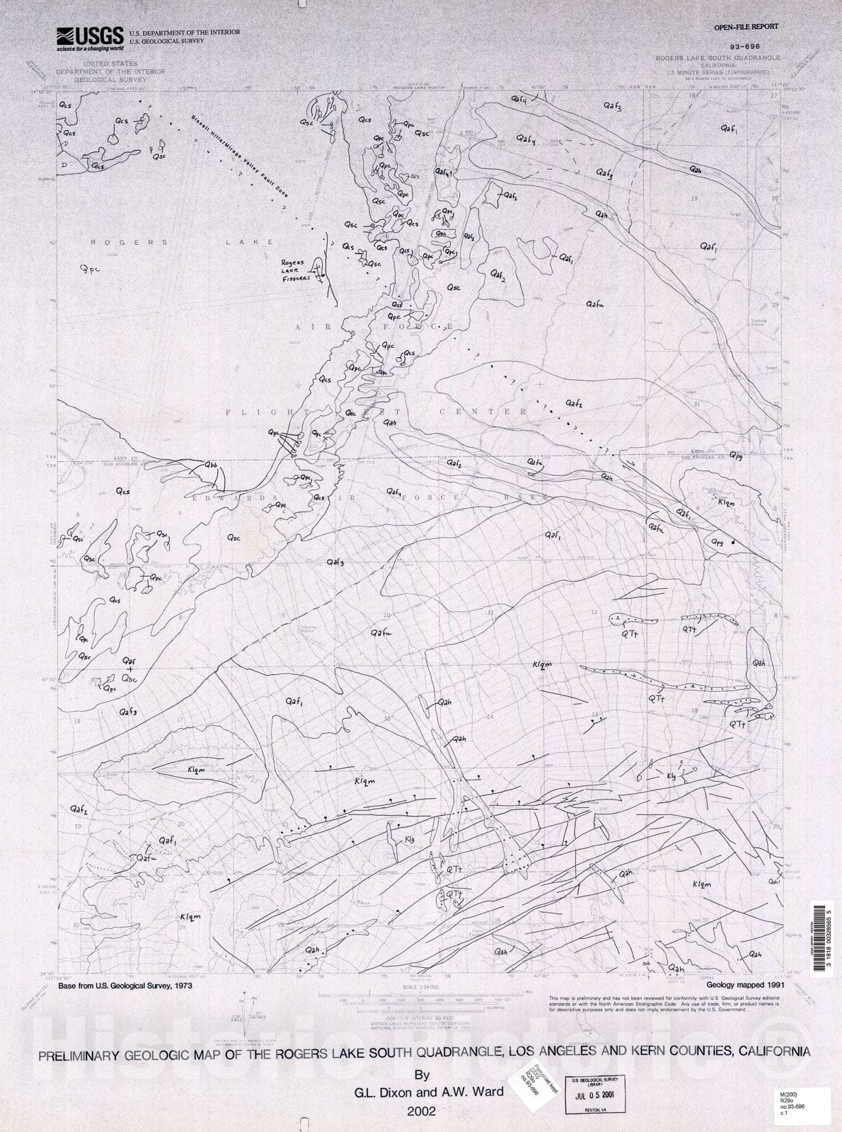 Map : Preliminary geologic map of the Rogers Lake South quadrangle, Los Angeles and Kern Counties, California, 2002 Cartography Wall Art :