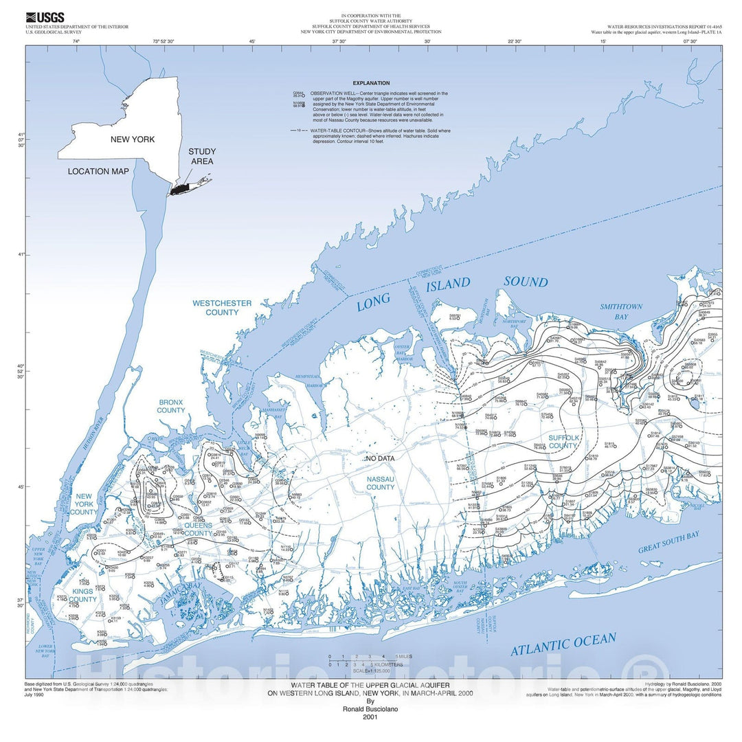 Map : Water-table and potentiometric-surface altitudes of the upper glacial, Magothy, and Lloyd aquifers on Long Island, New York, in Ma, 2002 Cartography Wall Art :