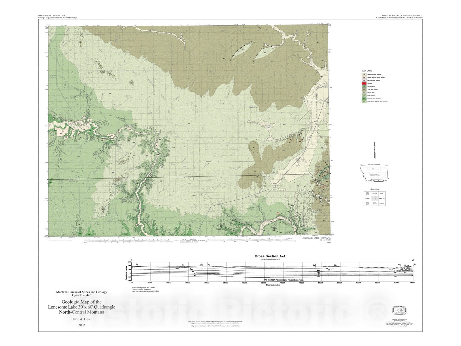 Map : Geologic map of the Lonesome Lake 30'x60' quadrangle, north-central Montana, 2002 Cartography Wall Art :