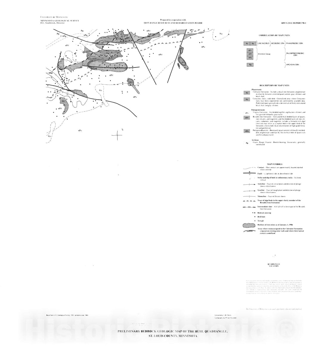 Map : Preliminary bedrock geologic map of the Buhl Lake quadrangle, St. Louis County, Minnesota, 1998 Cartography Wall Art :