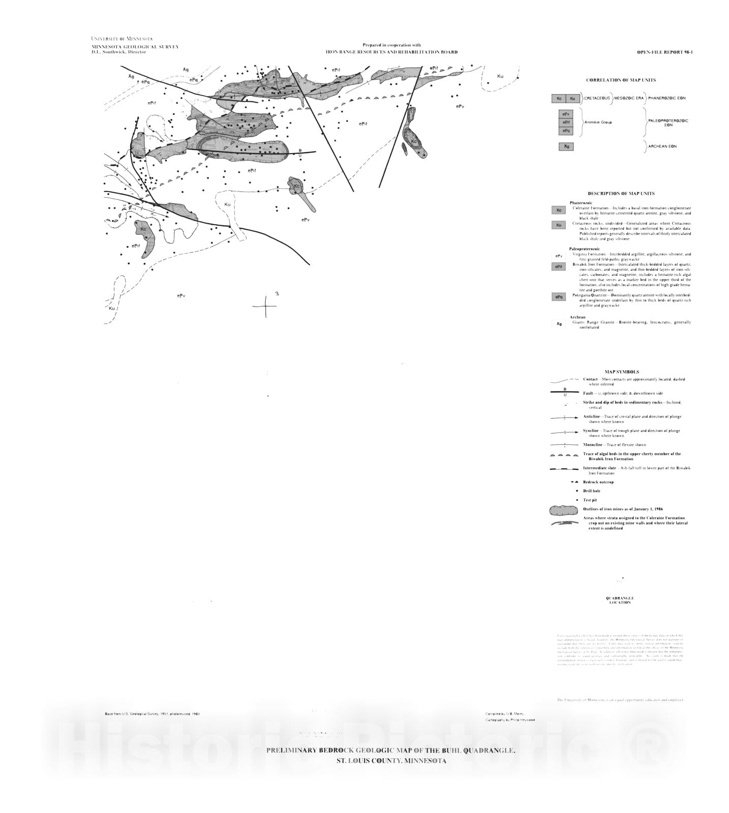 Map : Preliminary bedrock geologic map of the Buhl Lake quadrangle, St. Louis County, Minnesota, 1998 Cartography Wall Art :