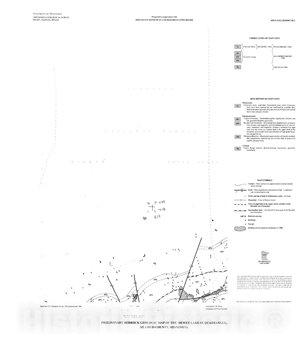 Map : Preliminary bedrock geologic map of the Dewey Lake SE quadrangle, St. Louis County, Minnesota, 1998 Cartography Wall Art :