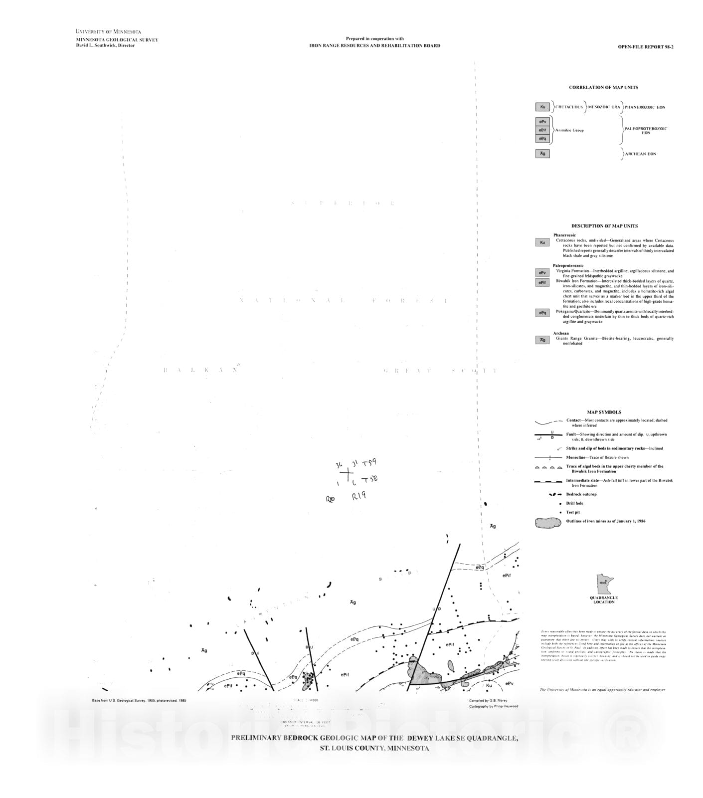 Map : Preliminary bedrock geologic map of the Dewey Lake SE quadrangle, St. Louis County, Minnesota, 1998 Cartography Wall Art :