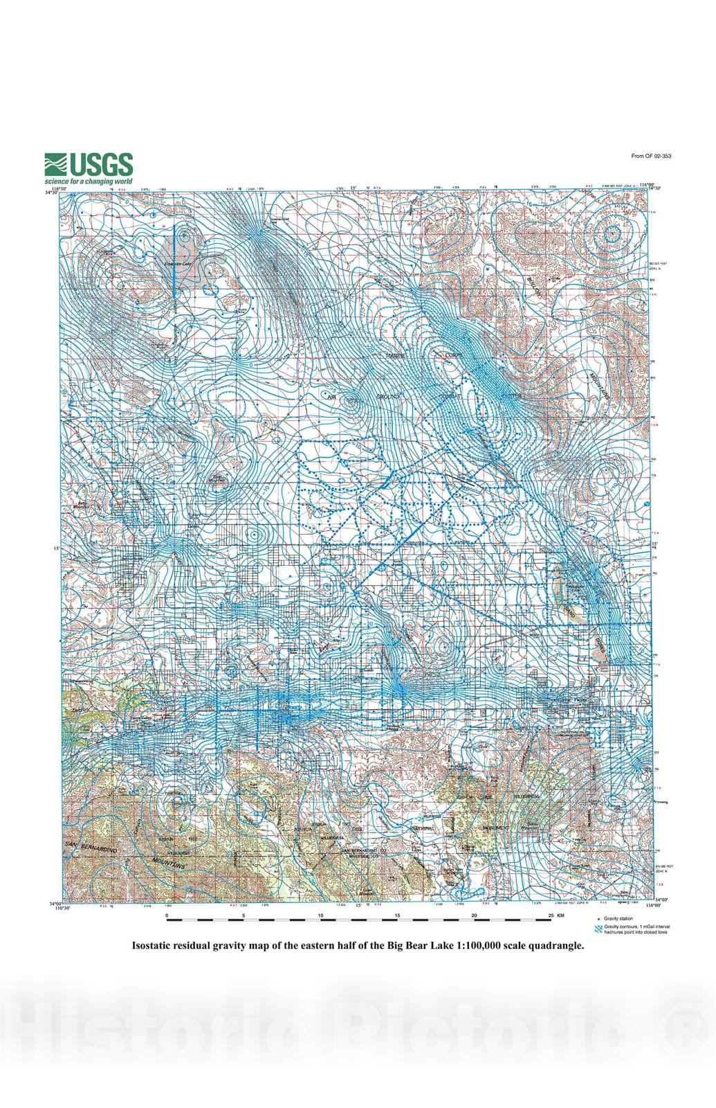 Map : Gravity map and data of the eastern half of the Big Bear Lake, 100,000 scale quadrangle, California and analysis of the depths of several basins, 2002 Cartography Wall Art :