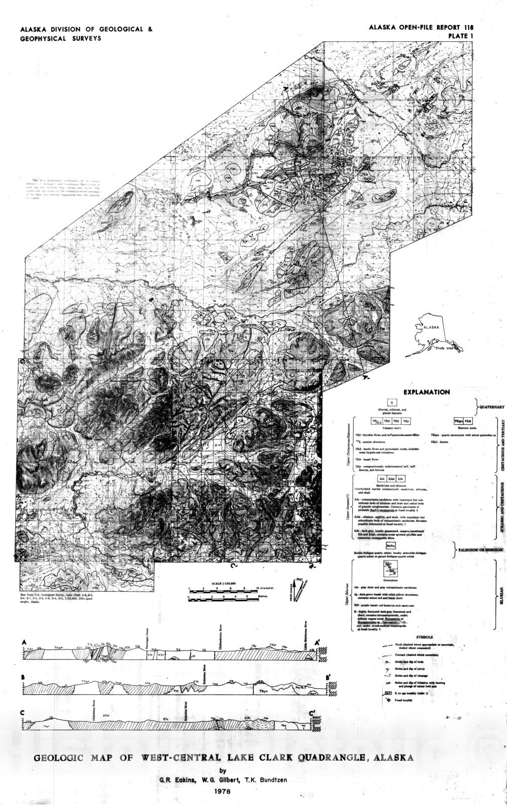 Map : Preliminary bedrock geology and mineral resource potential of the westcentral Lake Clark Quadrangle, 1978 Cartography Wall Art :