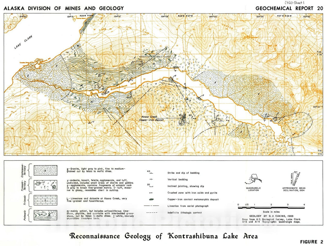 Map : Geology and geochemistry at Kontrashibuna Lake, Lake Clark region, southwestern Alaska, 1970 Cartography Wall Art :