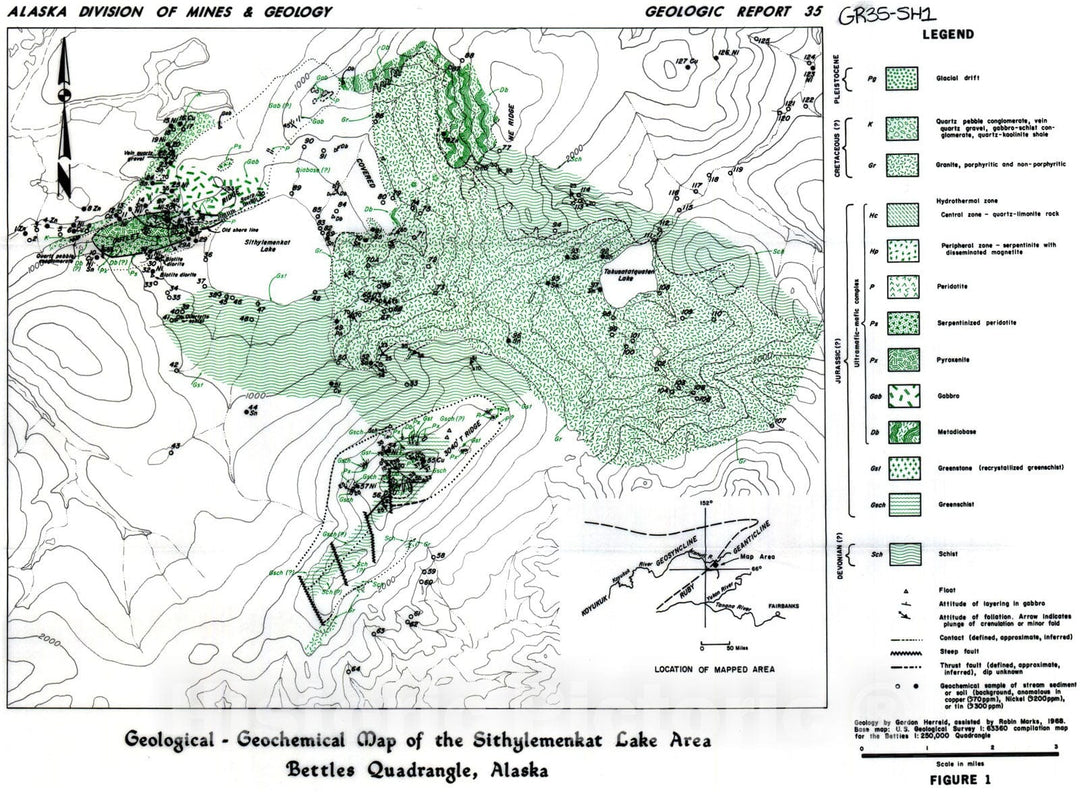 Map : Geology and geochemistry, Sithylemenkat Lake area, Bettles Quadrangle, Alaska, 1969 Cartography Wall Art :