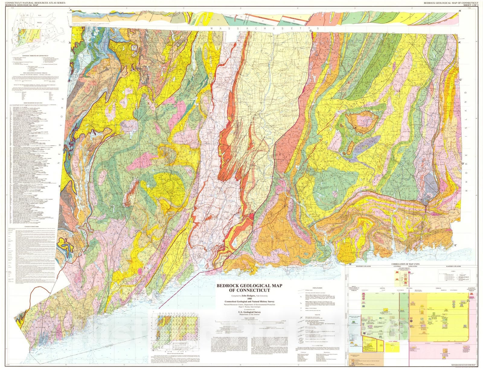 Map : Bedrock geological map of Connecticut, 1985 Cartography Wall Art :