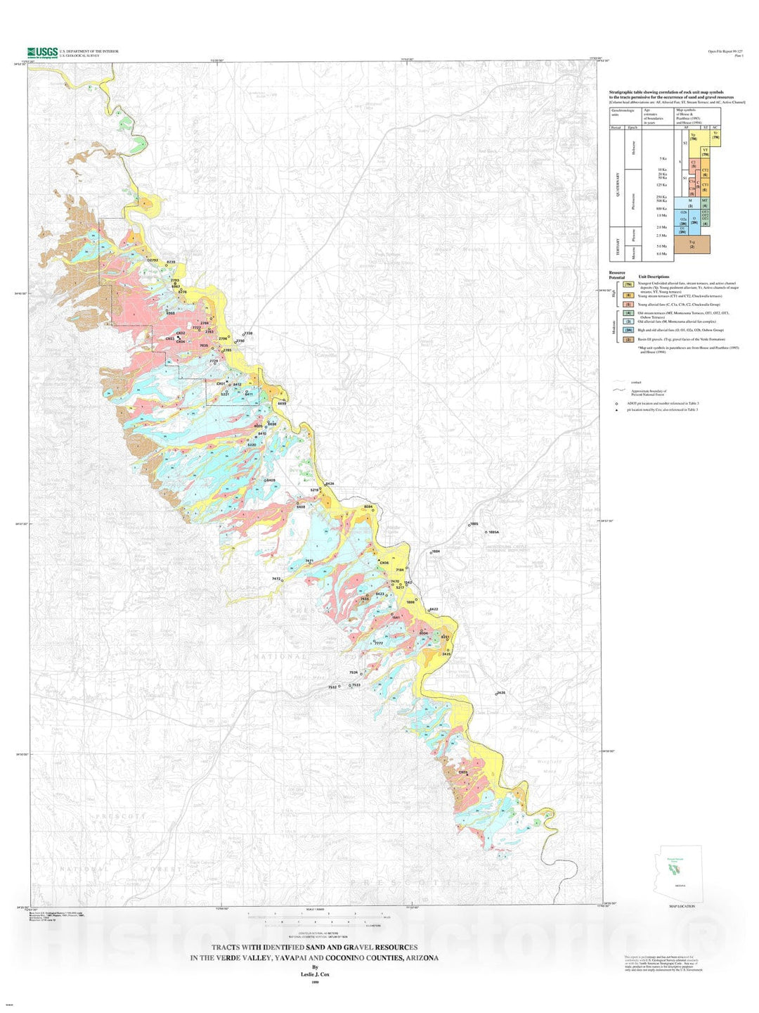 Map : An evaluation of sand and gravel resources in and near the Prescott National Forest in the Verde Valley, Arizona, 1999 Cartography Wall Art :