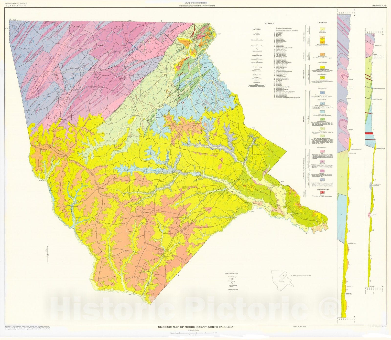 Map : Geologic map of Moore County, North Carolina, 1962 Cartography Wall Art :