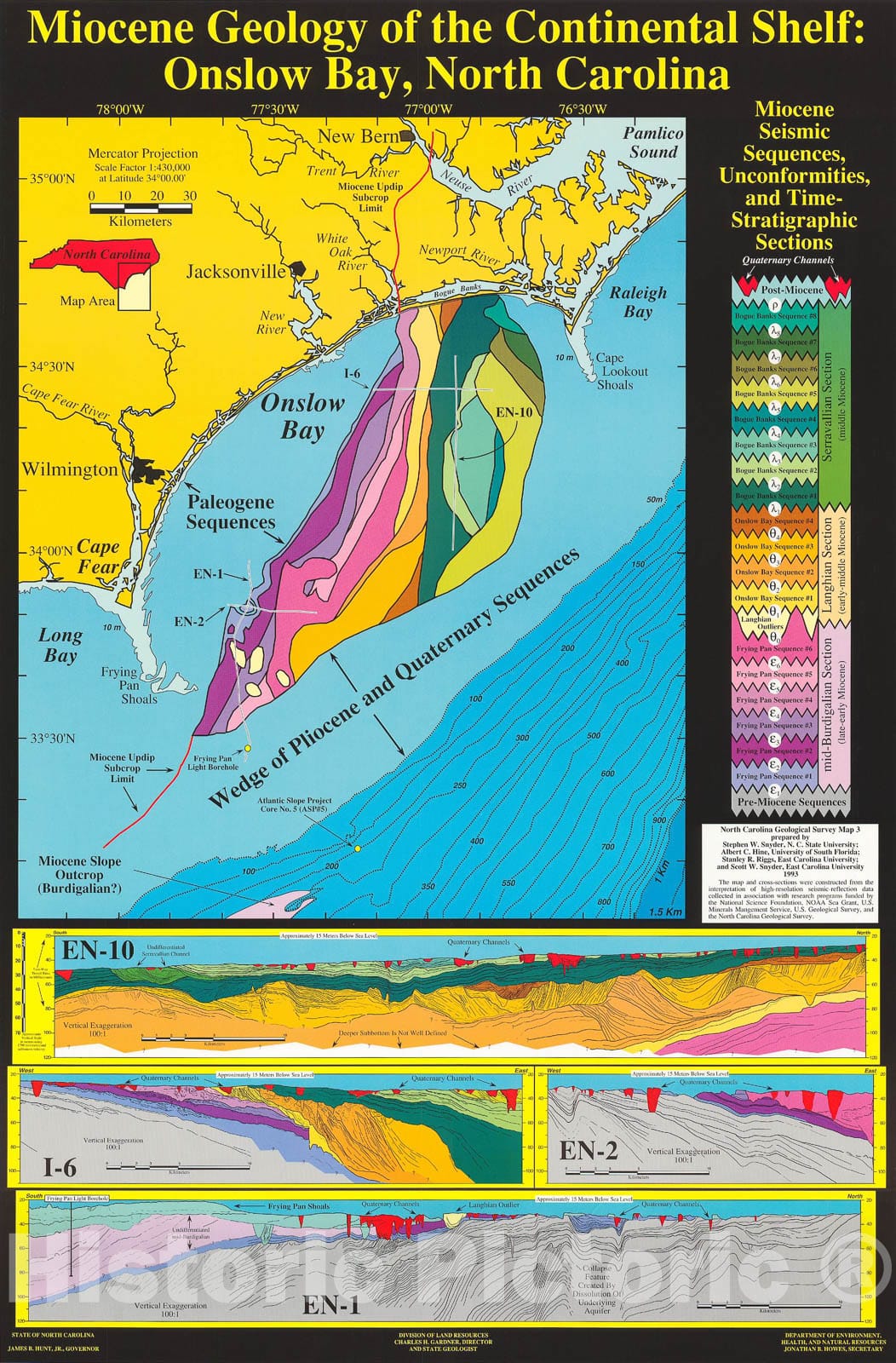 Map : Miocene geology of the Continental Shelf, Onslow Bay, North Carolina, 1993 Cartography Wall Art :