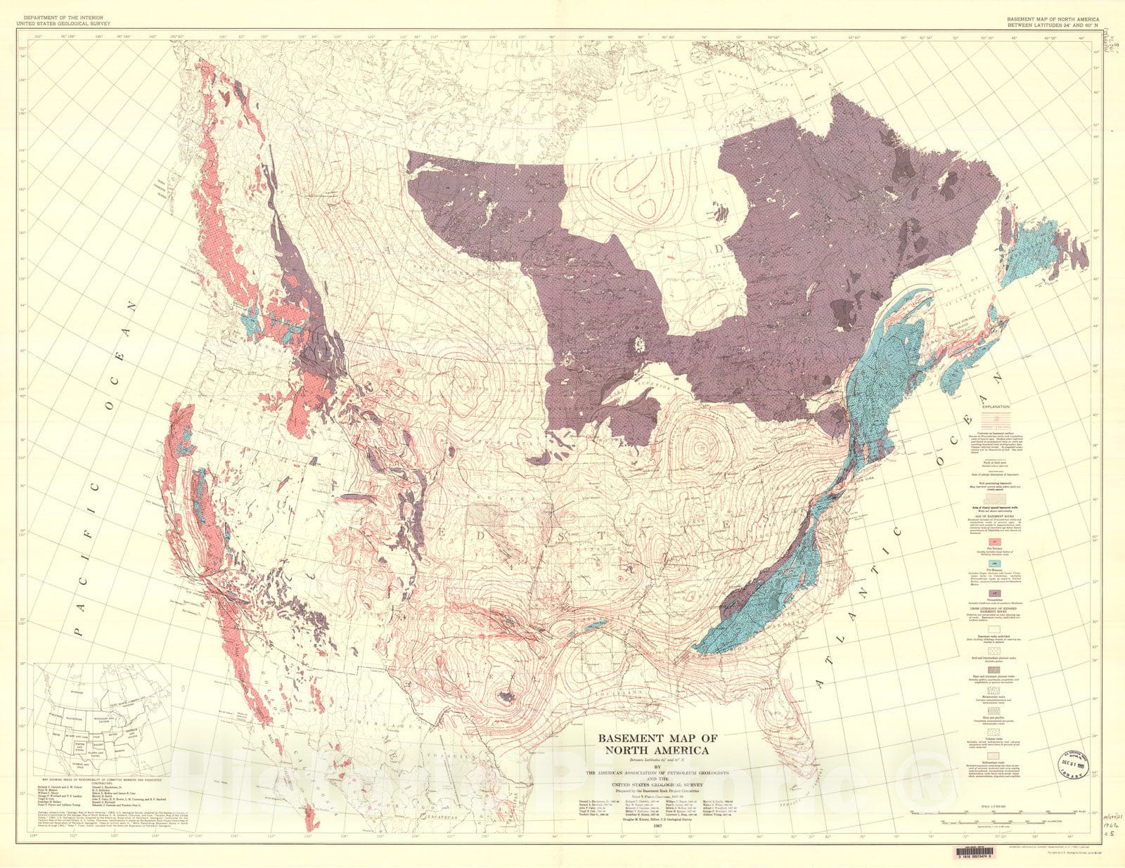 Map : Basement map of North America between latitudes twenty-four degrees and sixty degrees N [petroleum basement], 1967 Cartography Wall Art :