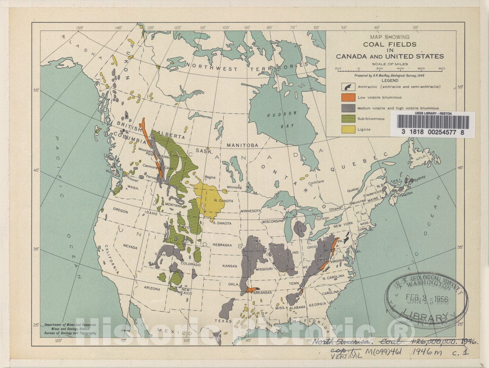 Map : Map showing coal fields in Canada and United States, 1946 Cartography Wall Art :